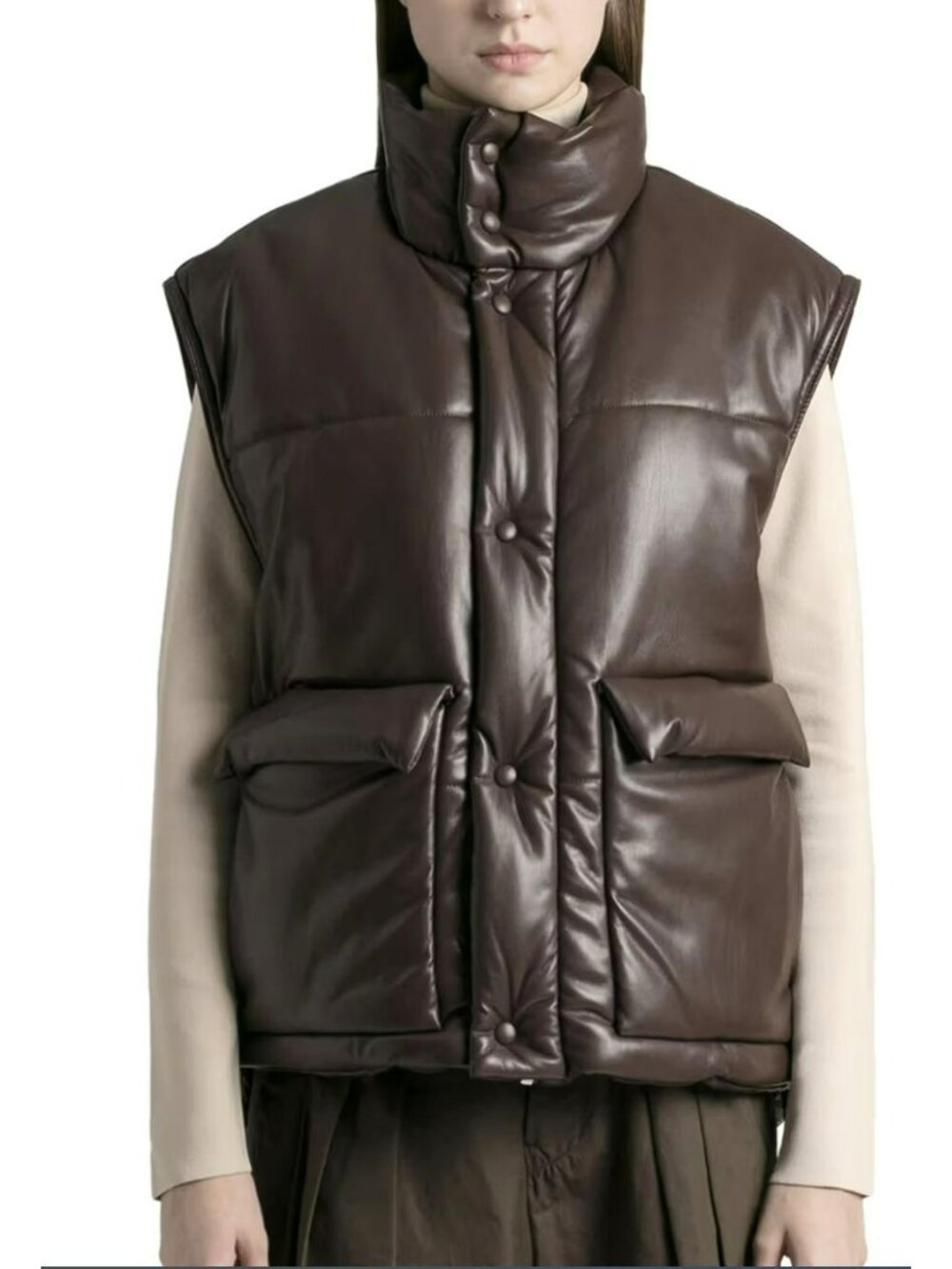 Nanushka Jovan Puffer Vest Brown Soft Faux Leather Medium NWT